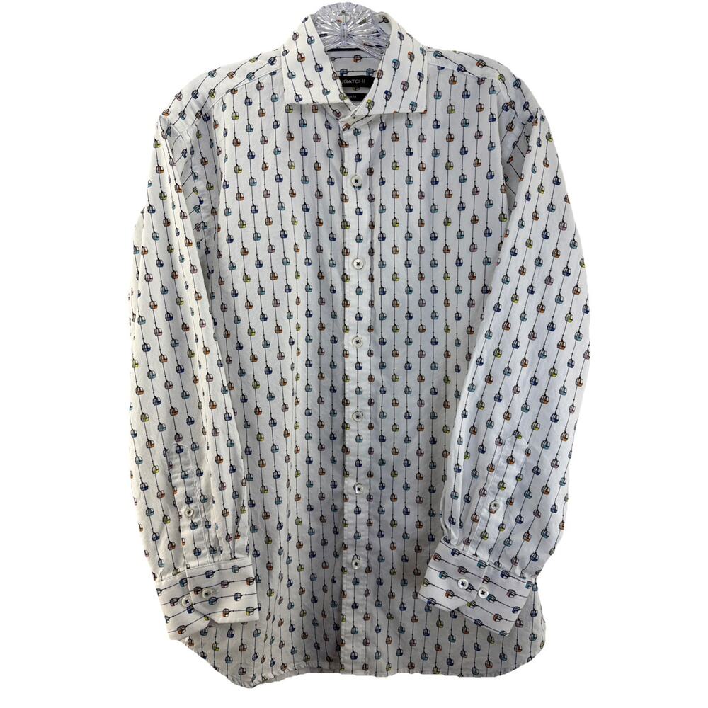 Bugatchi Med Ski Lift Gondola Button Up Shirt Long Sleeve All Over Print White